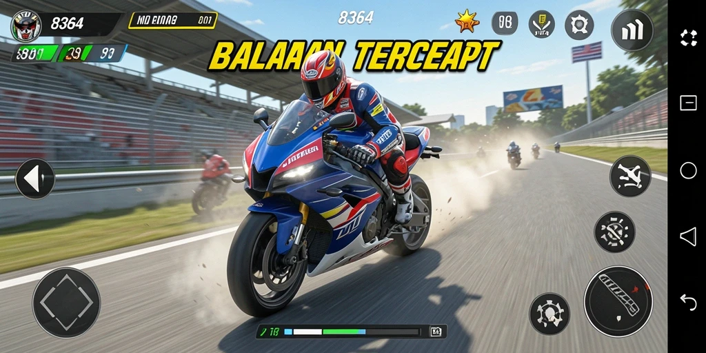Screenshot gameplay dari 8364 dengan aksi balapan motor yang intens.