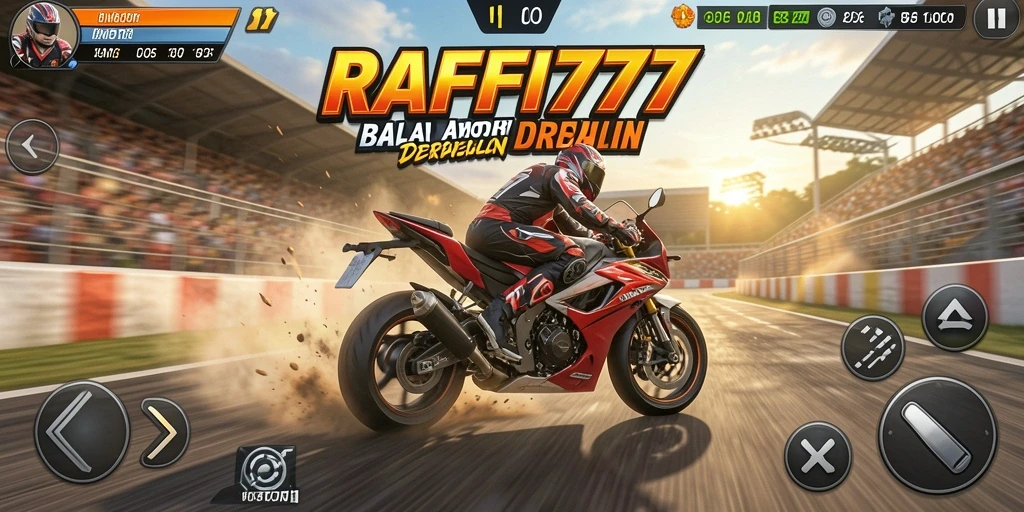 Tampilan gameplay RAFFI777 yang menegangkan dengan balapan motor di trek menantang.