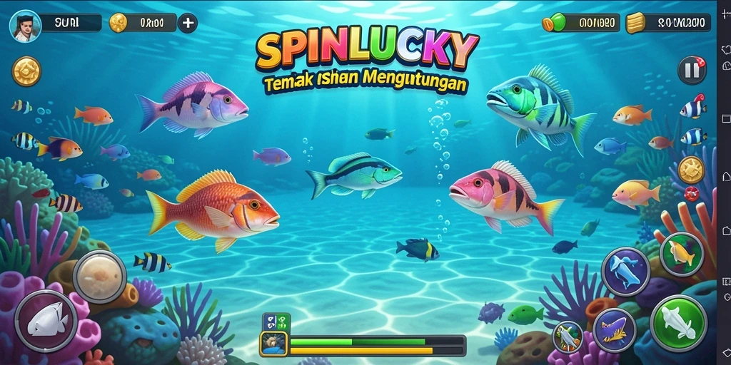 Screenshot gameplay SPINLUCKY dengan aksi menembak ikan yang seru.